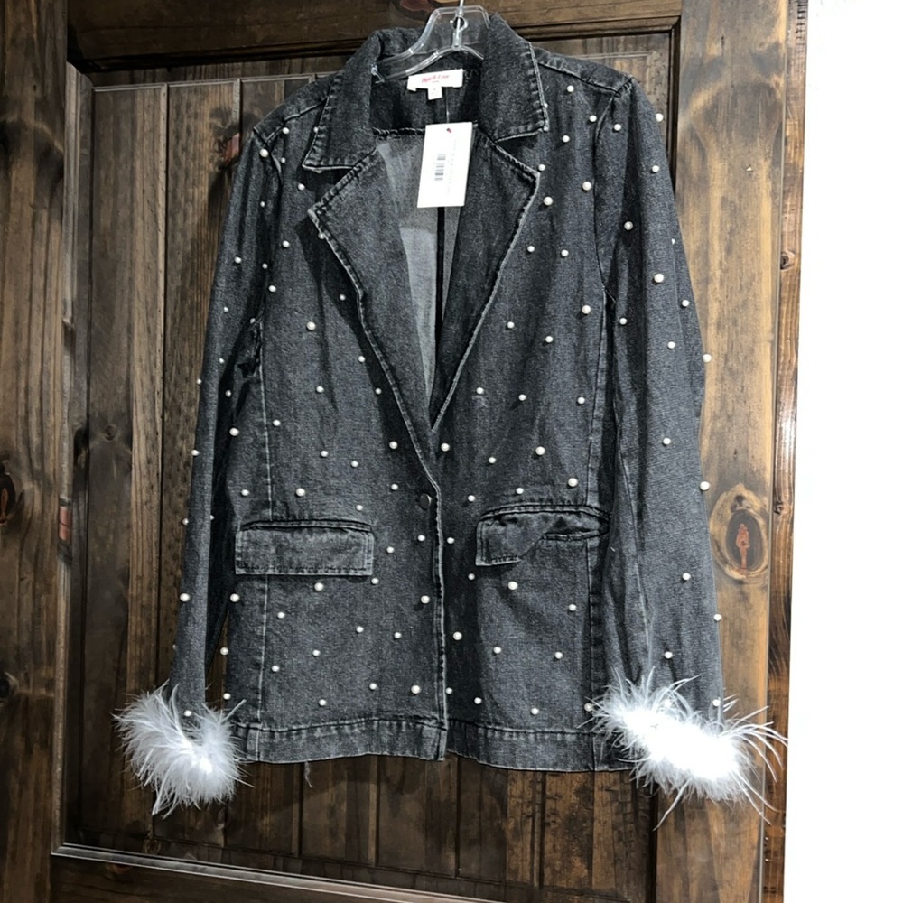 Black denim blazer with pearl detail